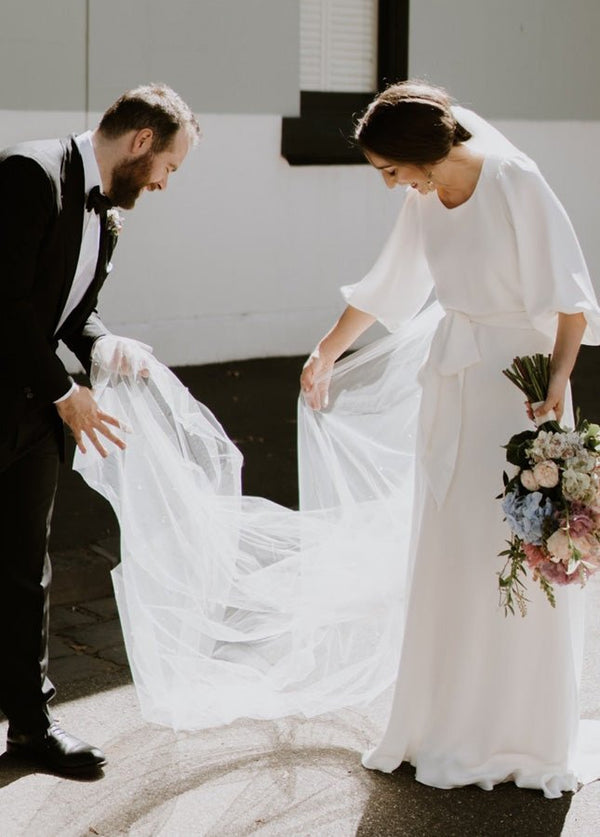 Simple Elegant Half Sleeves Crepe O - Neck White Wedding Dresses with Sash - KissProm