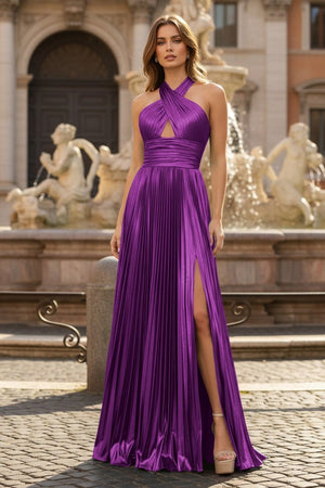Peacock Blue Halter Neck A - Line Long Prom Dress With Split - KissProm