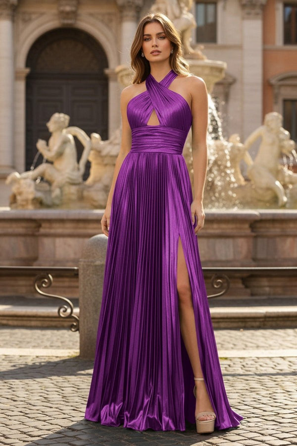 Peacock Blue Halter Neck A - Line Long Prom Dress With Split - KissProm