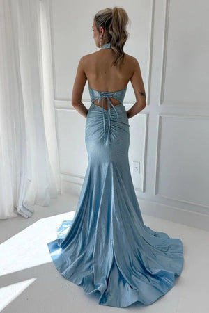Harlin | Sky Blue - Halter Mermaid Satin Beaded Long Formal Prom Dresses With Slit - KissProm