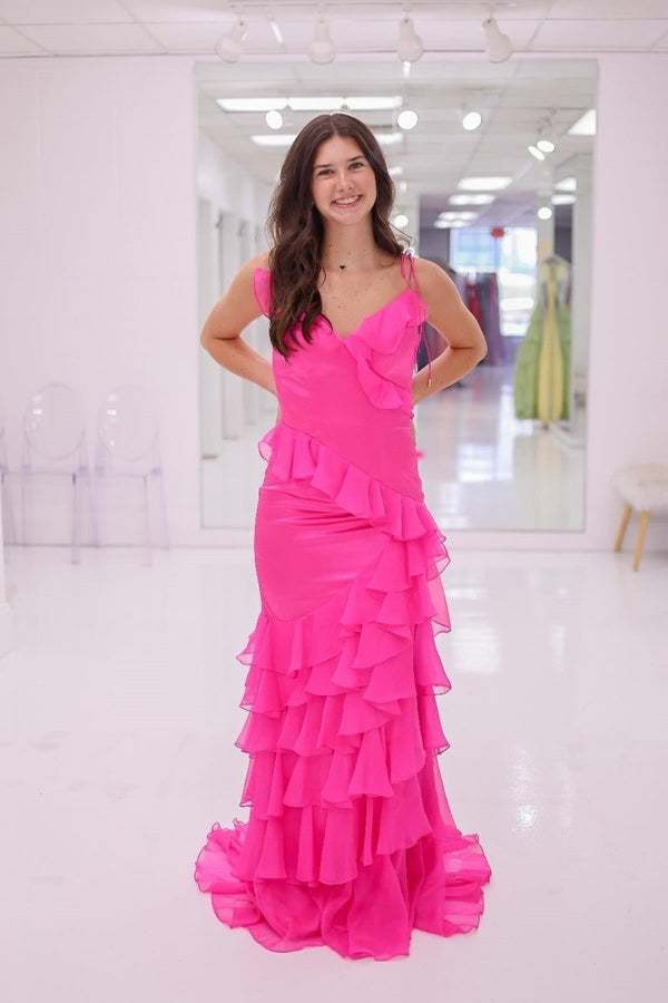 Tie Shoulder Red Mermaid Ruffle Tiered Long Prom Dress with Slit -KissProm