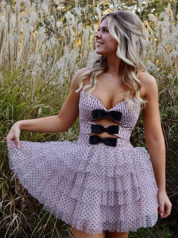 Haviah |  Pink - A Line Strapless Dot Tulle Ruffle Homecoming Dresses With Bow