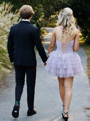 Haviah |  Pink - A Line Strapless Dot Tulle Ruffle Homecoming Dresses With Bow