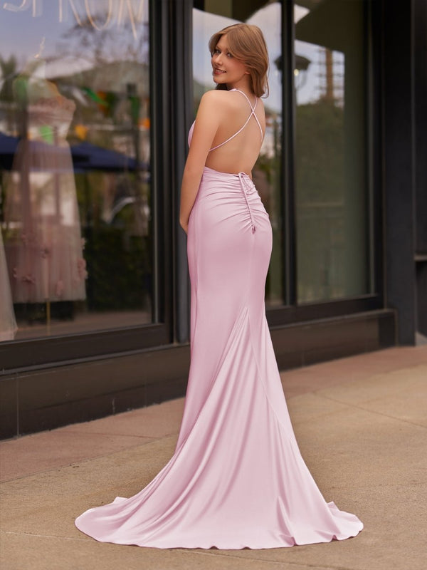 Helaina | Plunge Neck Light Pink Mermaid Satin Long Prom Dress
