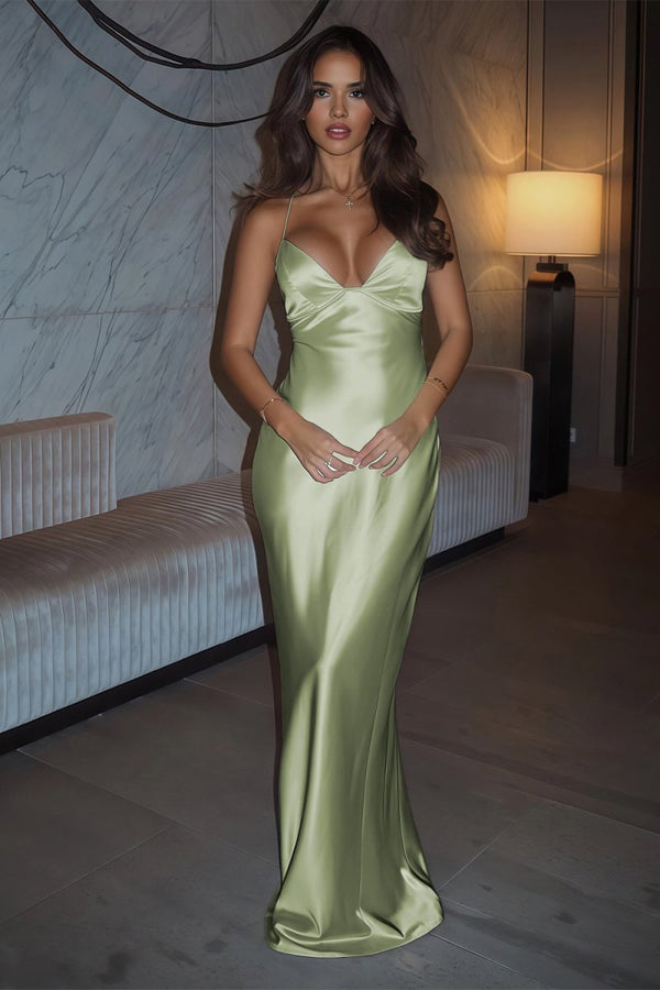 Ivory Sheath Satin Spaghetti Straps Long Prom Dresses – Prom Dresses by KissProm | Available at KissProm