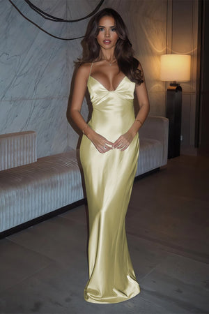 Ivory Sheath Satin Spaghetti Straps Long Prom Dresses – Prom Dresses by KissProm | Available at KissProm