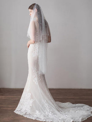 Hip Length Ivory Tulle Wedding Veils with Pearl Drop Veil - KissProm