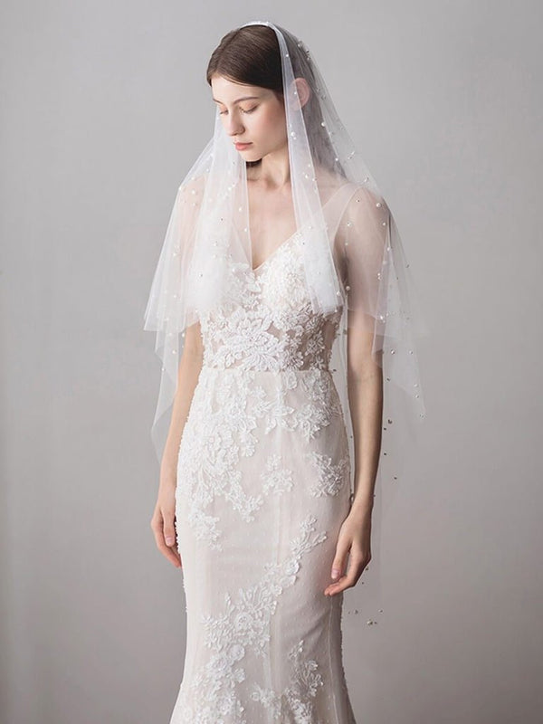 Hip Length Ivory Tulle Wedding Veils with Pearl Drop Veil - KissProm
