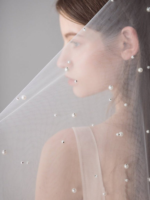 Hip Length Ivory Tulle Wedding Veils with Pearl Drop Veil - KissProm