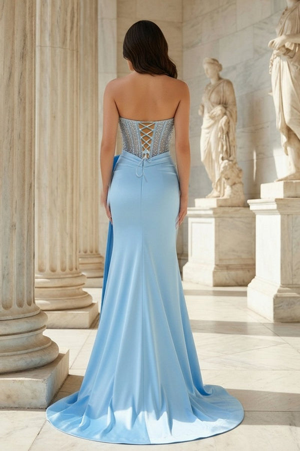 Split Strapless Mermaid Corset Prom Dresses with Side Bowknot - KissProm