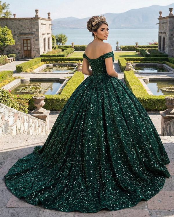 Dark Green Off The Shoulder Ball Gown Sequined Quinceanera Dress - KissProm
