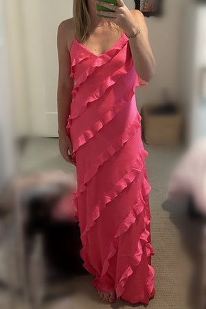 Straps Sheath Champagne Ruffle Maxi Bridesmaid Dress – Bridesmaid Dresses by KissProm | Available at KissProm