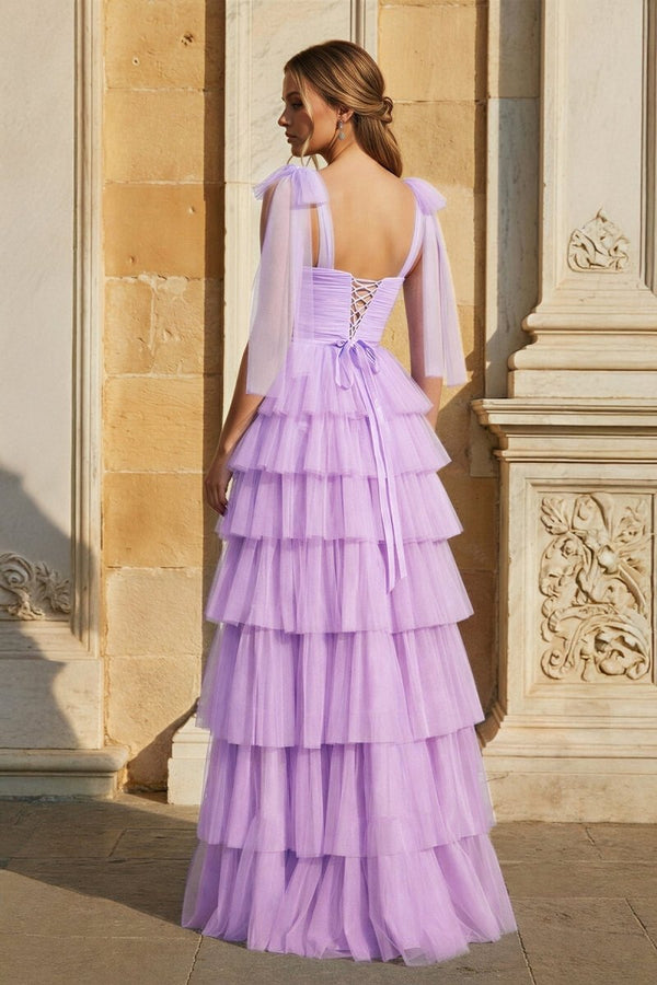 Light Blue Pleated Ruffle Prom Dress with Bow Tie Straps - KissProm