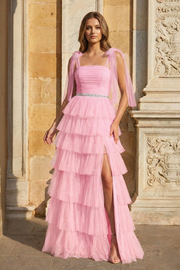 Light Blue Pleated Ruffle Prom Dress with Bow Tie Straps - KissProm