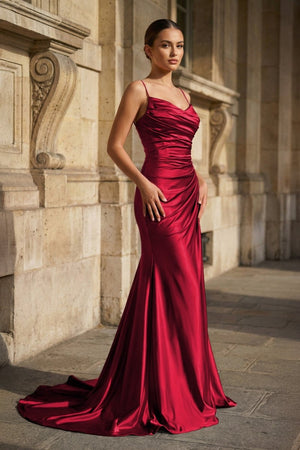Fuchsia Spaghetti Straps Mermaid Satin Slit Prom Dresses – Prom Dresses by KissProm | Available at KissProm