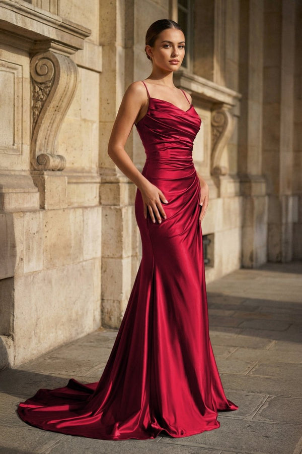 Fuchsia Spaghetti Straps Mermaid Satin Slit Prom Dresses – Prom Dresses by KissProm | Available at KissProm