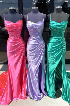 Fuchsia Spaghetti Straps Mermaid Satin Slit Prom Dresses – Prom Dresses by KissProm | Available at KissProm