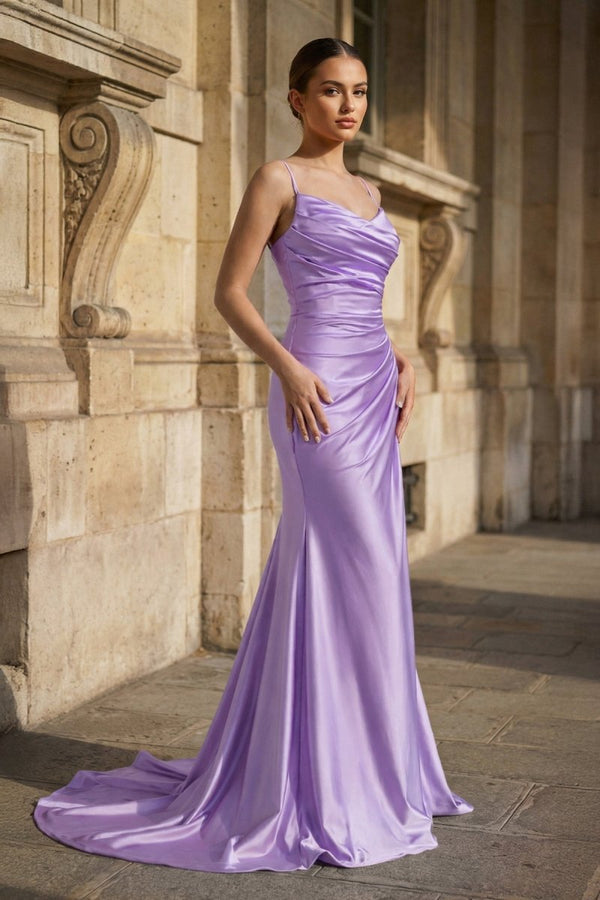 Fuchsia Spaghetti Straps Mermaid Satin Slit Prom Dresses – Prom Dresses by KissProm | Available at KissProm