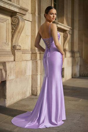 Fuchsia Spaghetti Straps Mermaid Satin Slit Prom Dresses – Prom Dresses by KissProm | Available at KissProm