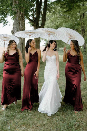 Hunter Green Silk Satin Cowl Neck Bridesmaid Dresses - KissProm