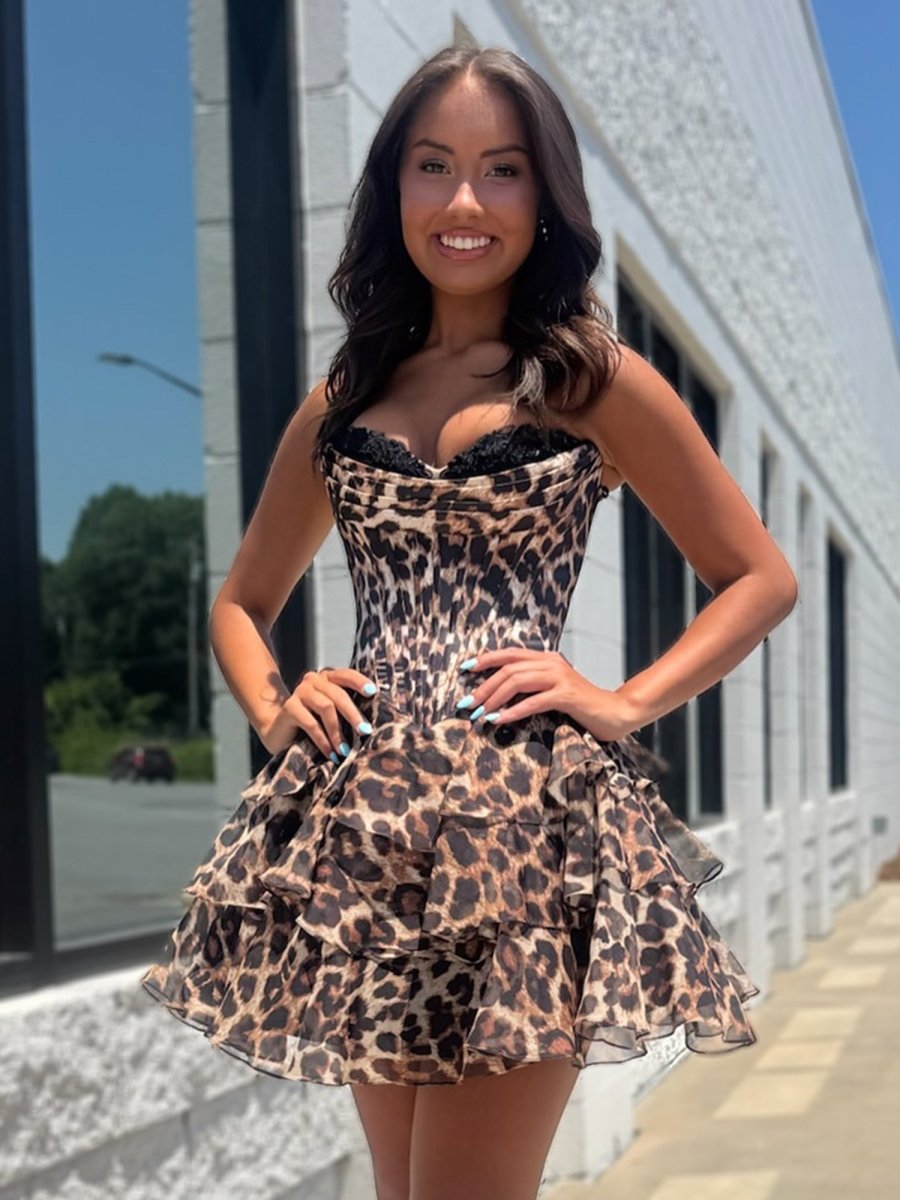 Idalia | Leopard - Strapless Leopard Print Chiffon A Line Homecoming Dress With Beading