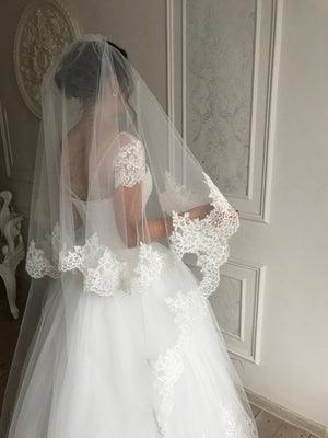 Vintage White Cathedral Lace Double Tiers Long Wedding veil - KissProm
