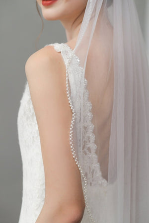 Vintage Pearls Ivory With Beaded Scalloped Bridal Veil Wedding Veil - KissProm
