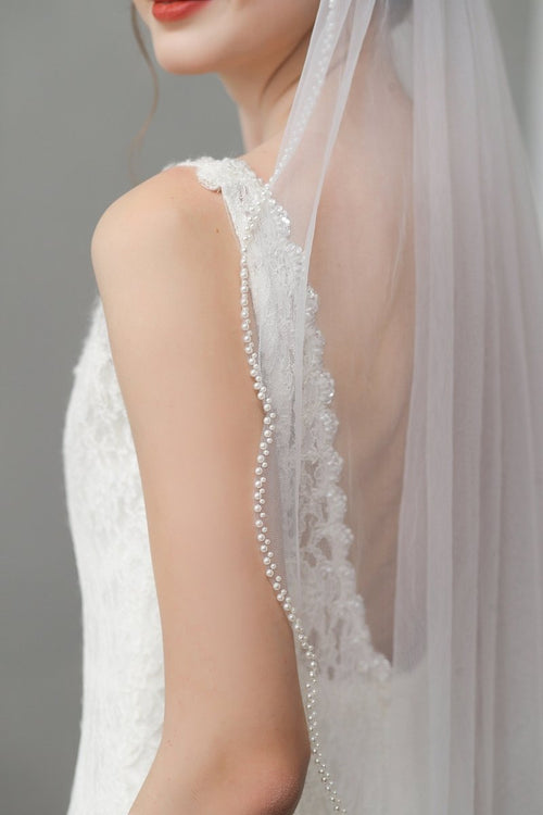 Vintage Pearls Ivory With Beaded Scalloped Bridal Veil Wedding Veil - KissProm