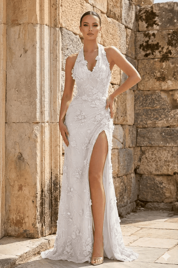Sage Sheath Halter Sequined Long Prom Dresses With Floral Appliques – Prom Dress by KissProm | Available at KissProm
