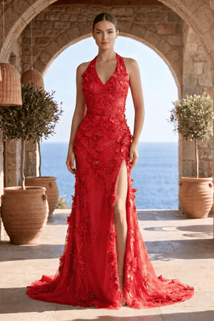 Sage Halter Sequined Sheath Long Prom Dresses With Floral Appliques - KissProm