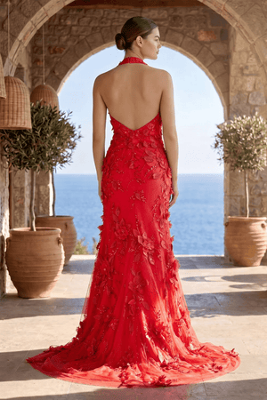 Sage Halter Sequined Sheath Long Prom Dresses With Floral Appliques - KissProm