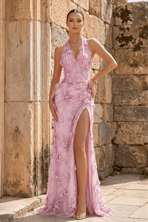 Sage Sheath Halter Sequined Long Prom Dresses With Floral Appliques – Prom Dress by KissProm | Available at KissProm
