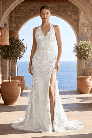 Sage Halter Sequined Sheath Long Prom Dresses With Floral Appliques - KissProm