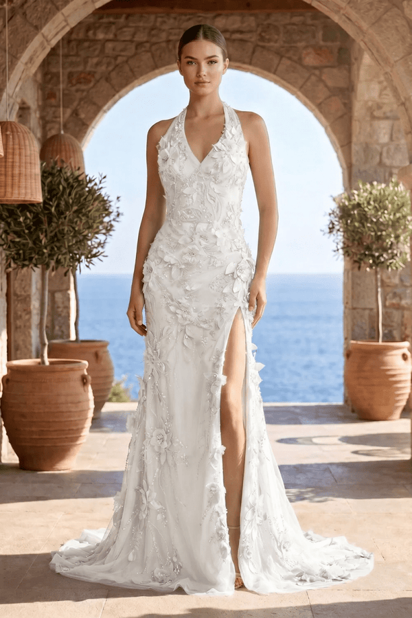 Sage Halter Sequined Sheath Long Prom Dresses With Floral Appliques - KissProm