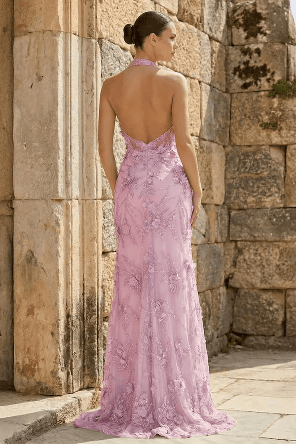 Sage Sheath Halter Sequined Long Prom Dresses With Floral Appliques – Prom Dress by KissProm | Available at KissProm