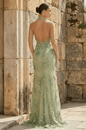Sage Sheath Halter Sequined Long Prom Dresses With Floral Appliques – Prom Dress by KissProm | Available at KissProm