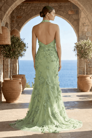 Sage Halter Sequined Sheath Long Prom Dresses With Floral Appliques - KissProm