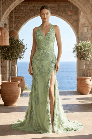 Sage Halter Sequined Sheath Long Prom Dresses With Floral Appliques - KissProm