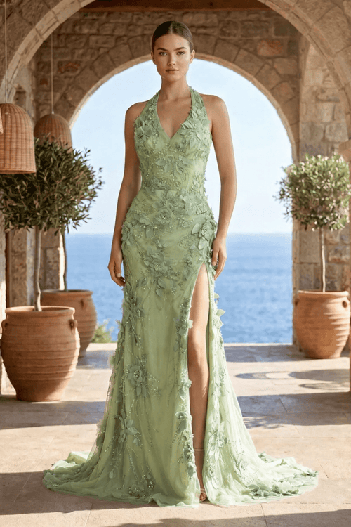 Sage Halter Sequined Sheath Long Prom Dresses With Floral Appliques - KissProm
