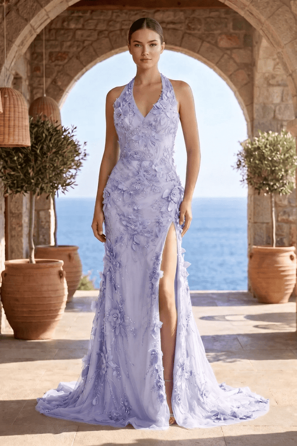 Sage Halter Sequined Sheath Long Prom Dresses With Floral Appliques - KissProm