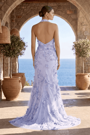 Sage Halter Sequined Sheath Long Prom Dresses With Floral Appliques - KissProm