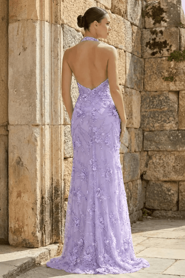 Sage Sheath Halter Sequined Long Prom Dresses With Floral Appliques – Prom Dress by KissProm | Available at KissProm