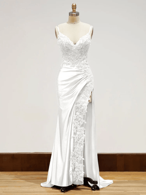 Sheath Spaghetti Straps Black Satin Long Prom Dresses with Lace Appliques - KissProm