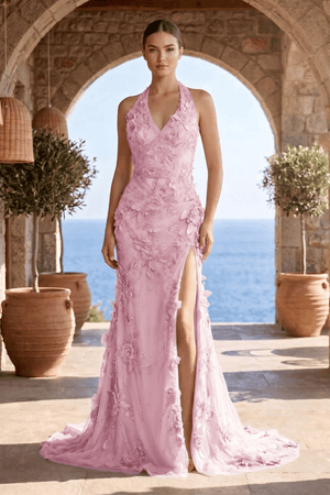 Sage Halter Sequined Sheath Long Prom Dresses With Floral Appliques - KissProm