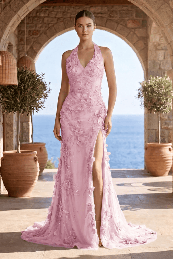 Sage Halter Sequined Sheath Long Prom Dresses With Floral Appliques - KissProm