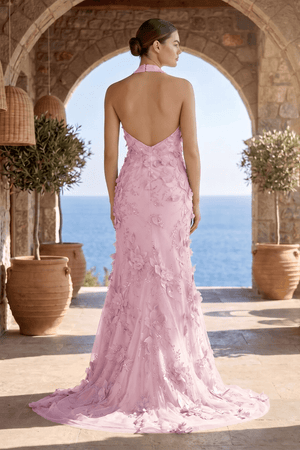 Sage Halter Sequined Sheath Long Prom Dresses With Floral Appliques - KissProm
