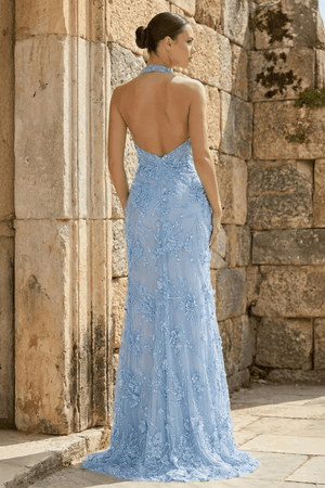 Sage Sheath Halter Sequined Long Prom Dresses With Floral Appliques – Prom Dress by KissProm | Available at KissProm