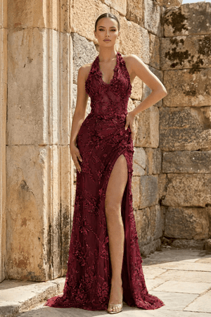 Sage Sheath Halter Sequined Long Prom Dresses With Floral Appliques – Prom Dress by KissProm | Available at KissProm