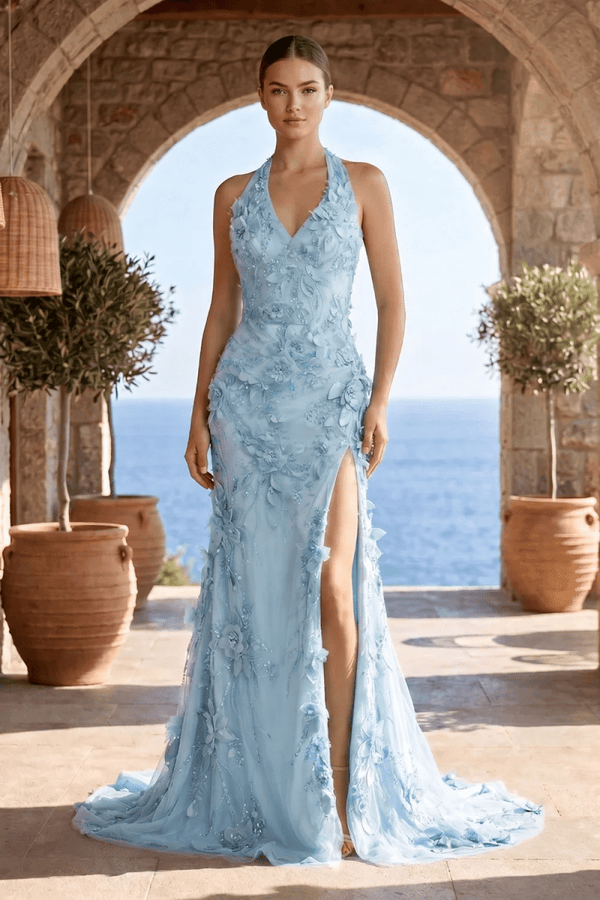 Sage Halter Sequined Sheath Long Prom Dresses With Floral Appliques - KissProm