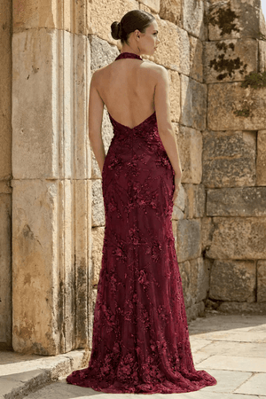 Sage Sheath Halter Sequined Long Prom Dresses With Floral Appliques – Prom Dress by KissProm | Available at KissProm